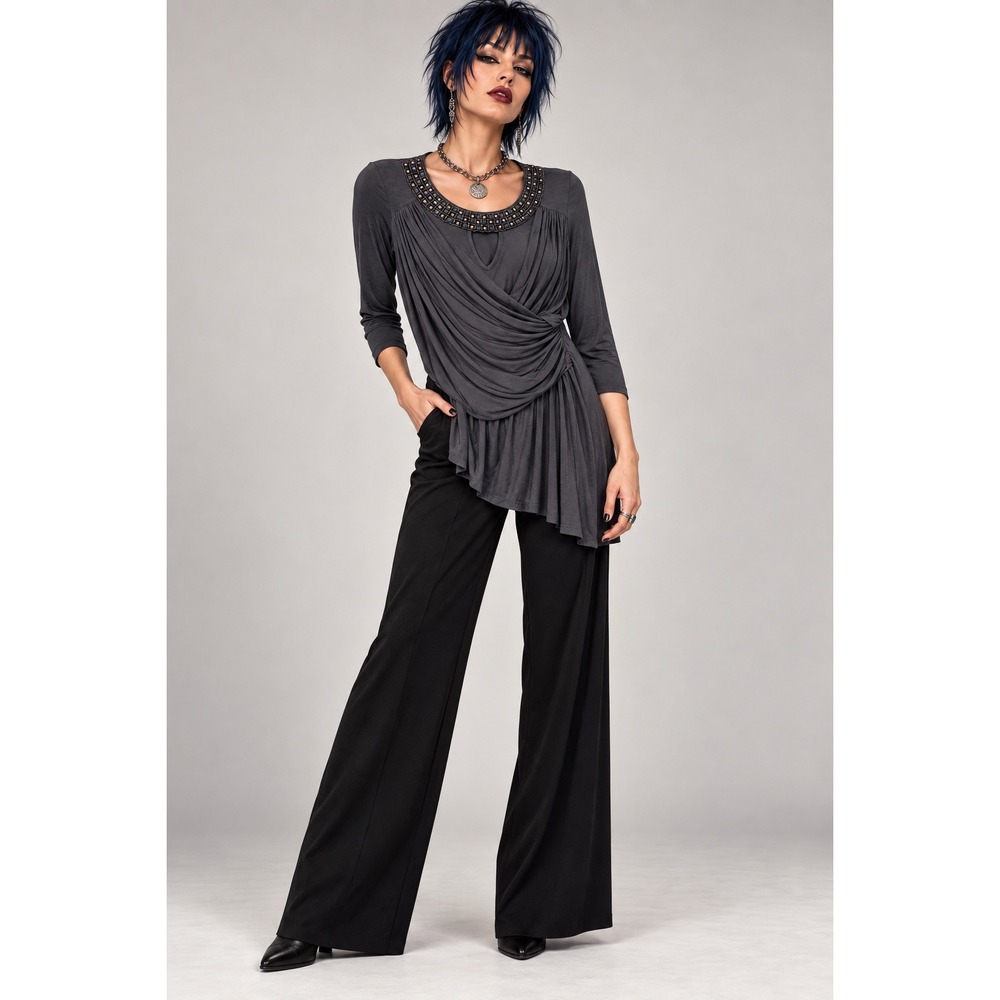 VENUS M Charcoal Draped Top Beaded Neckline Ruched Asymmetrical Tunic